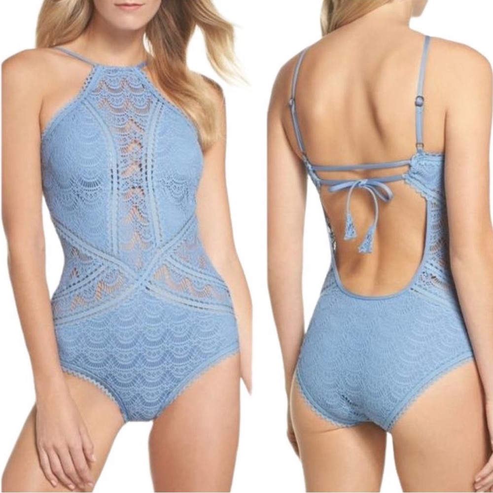 BECCA by Rebecca Virtue Blue High-Neck Crochet One Piece Swimsuit Size 1X